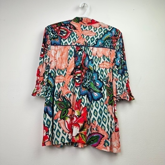 Floral Argyle Pattern Boho Tunic V-neck Blouse Small - Picture 3 of 5